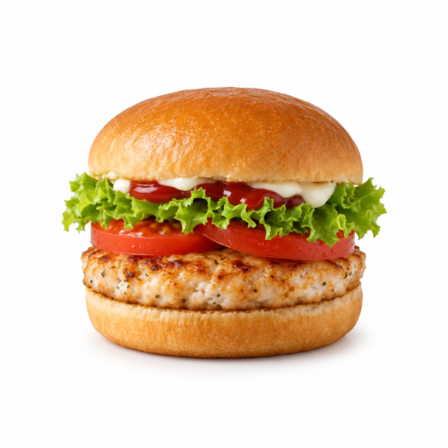 AI-generated menu image of Chicken Burger, centered on a white background