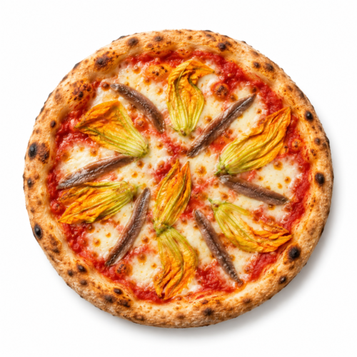 AI-generated menu image of Fiori di Zucca e Acciughe, centered on a white background