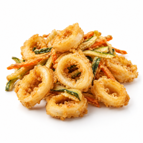 AI-generated menu image of Fritto Calamari con Verdure, centered on a white background