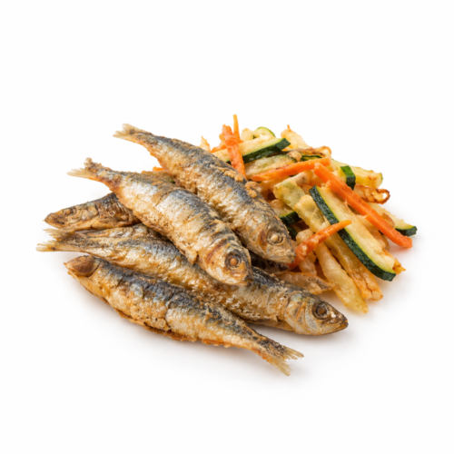 AI-generated menu image of Frittura di Sarde e Verdure, centered on a white background