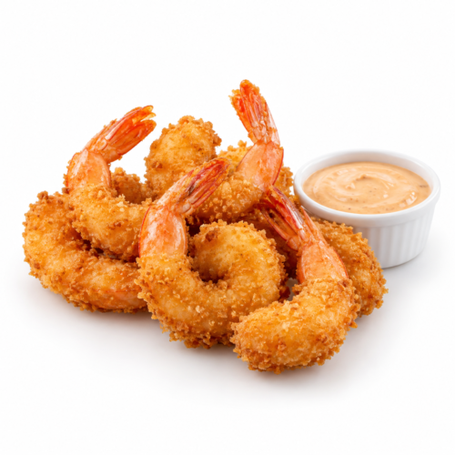AI-generated menu image of Mazzancolle Impanate Croccanti con Salsa, centered on a white background