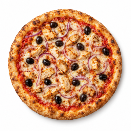 AI-generated menu image of Pizza Pollo, centered on a white background