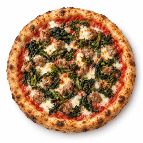 AI-generated menu image of Salsiccia e Friarielli, centered on a white background